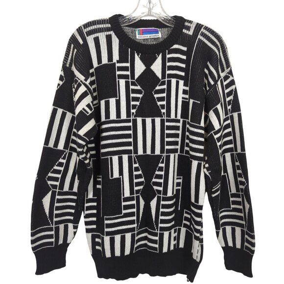 Vintage Sweater Black White Size M Abstract Geometric Cotton Knit Crewneck - Picture 1 of 15